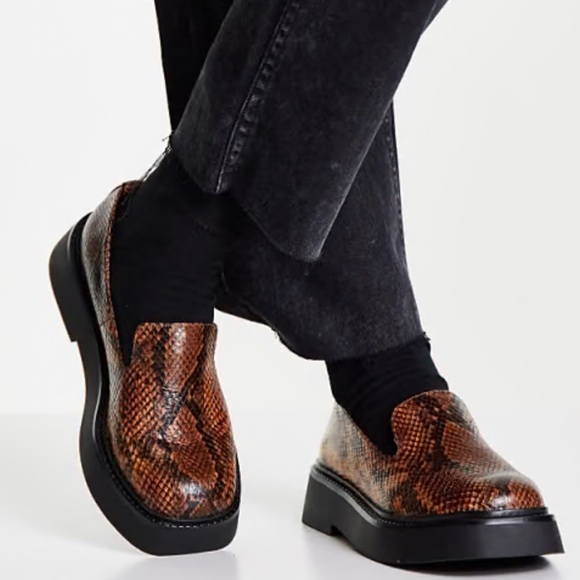 ASOS Woman’s Slip On Brown Snakeskin Platform Loafers - Picture 1 of 10